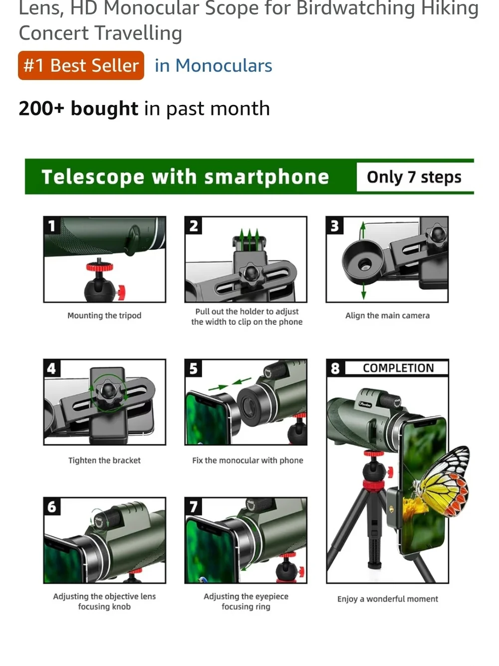 Black HD Monocular Telescope for Birdwatching & Hiking